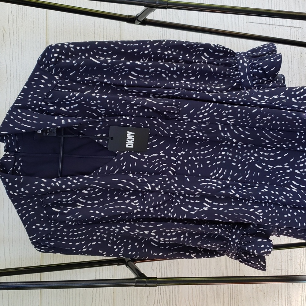 BNWT DKNY Navy Printed Tie Neck Bishop-Sleeve Mini (6) - Picture 4 of 12